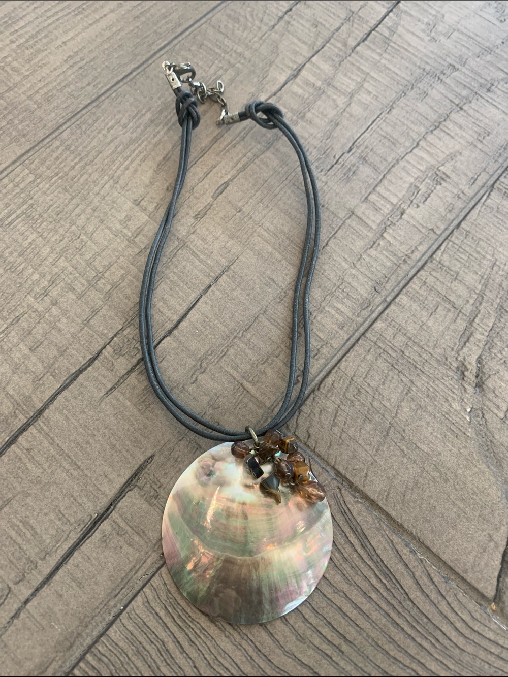 Iridescent Shell Pendant Necklace with Grey Cord and Brown Bead Accents